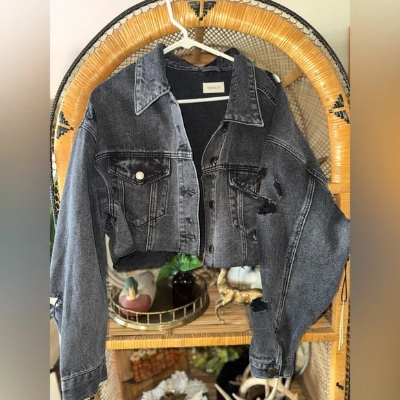 Black Cropped Distressed Denim Jacket by Mono B - Picture 2 of 7